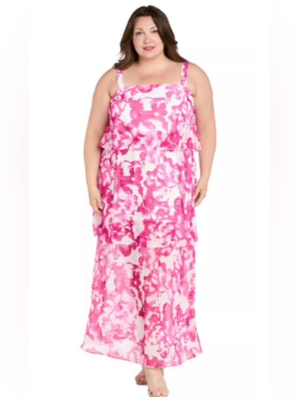R & M Richards Pink Watercolor Tiered Maxi Dress